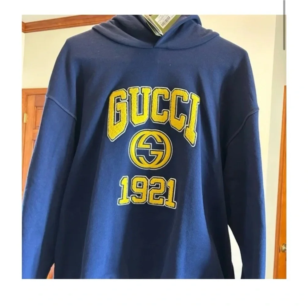 Gucci cotton jersey, hooded sweatshirt with yellow logo, embroidery size L